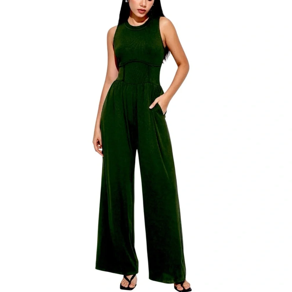 Cider Women’s Black Stretch Fitted Bodice Wide-Leg Jumpsuit Size L/XL